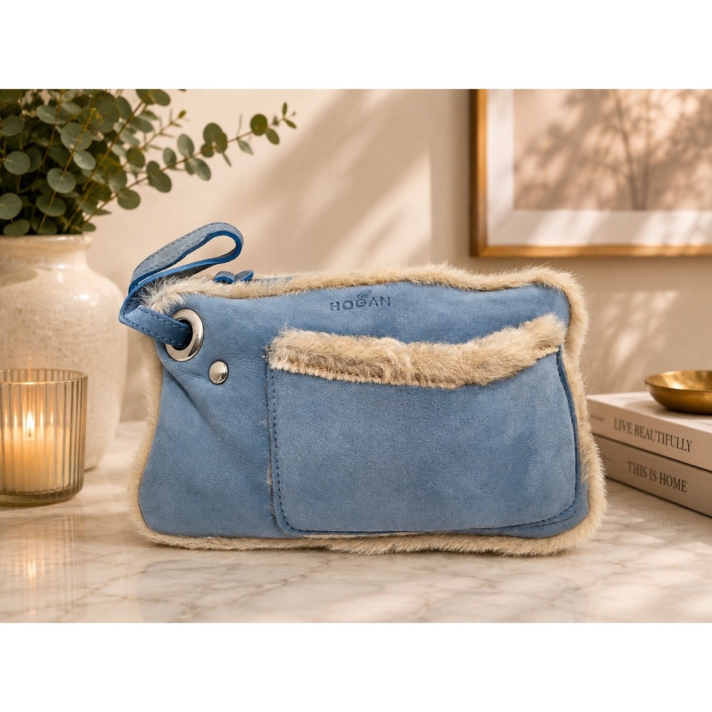 Hogan Blue Suede Shearling Trim Wristlet Clutch Bag Made in Italy
